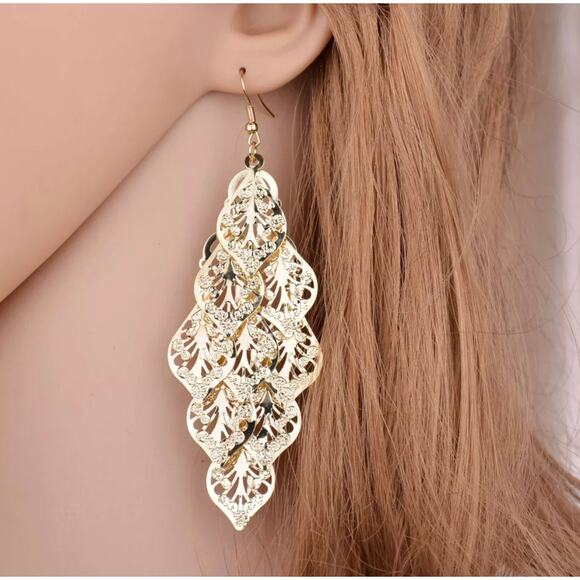 Elena Gold Leaf Chandelier Earrings - Picture 2 of 9